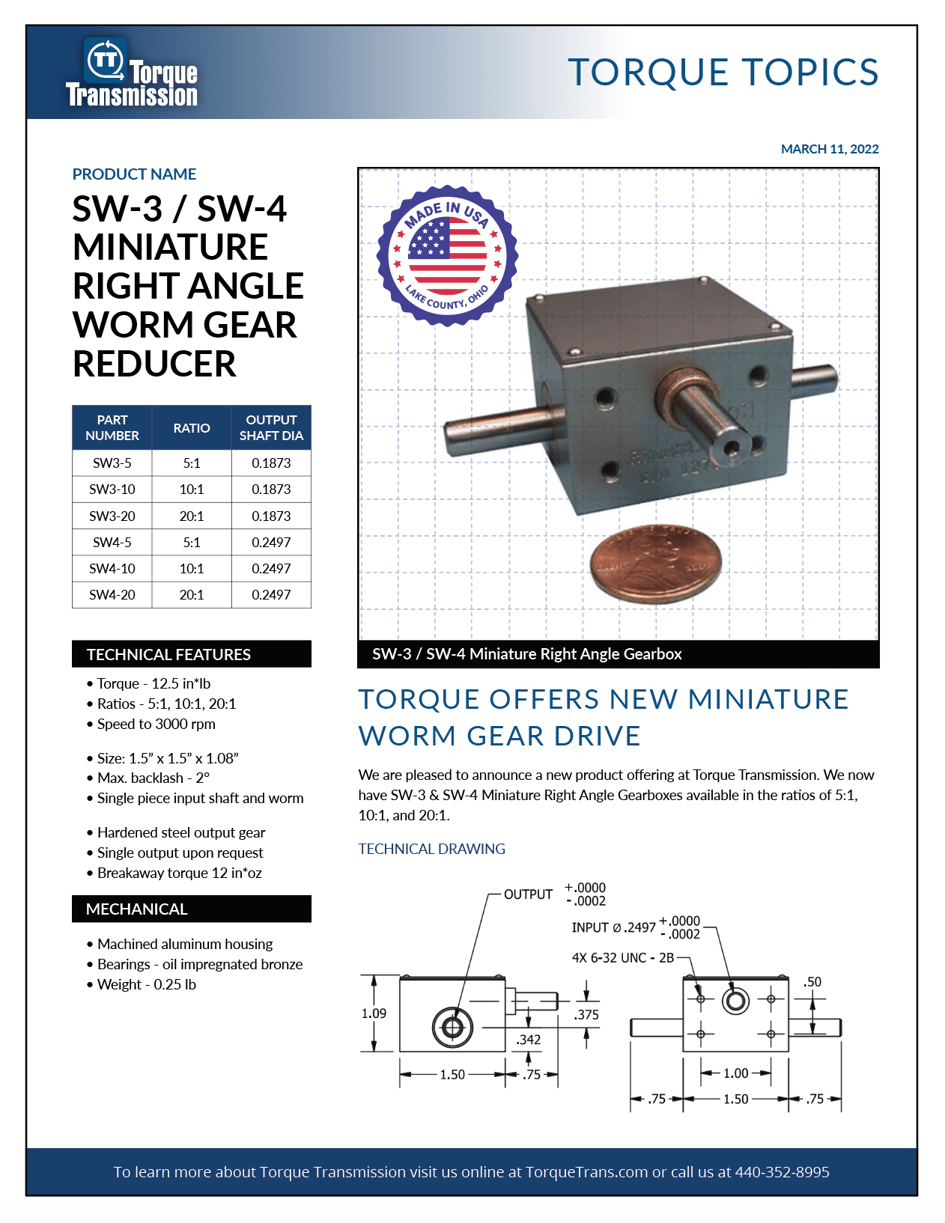 TORQUE TOPICS Torque Transmission Offers New Miniature Worm Gear Drive